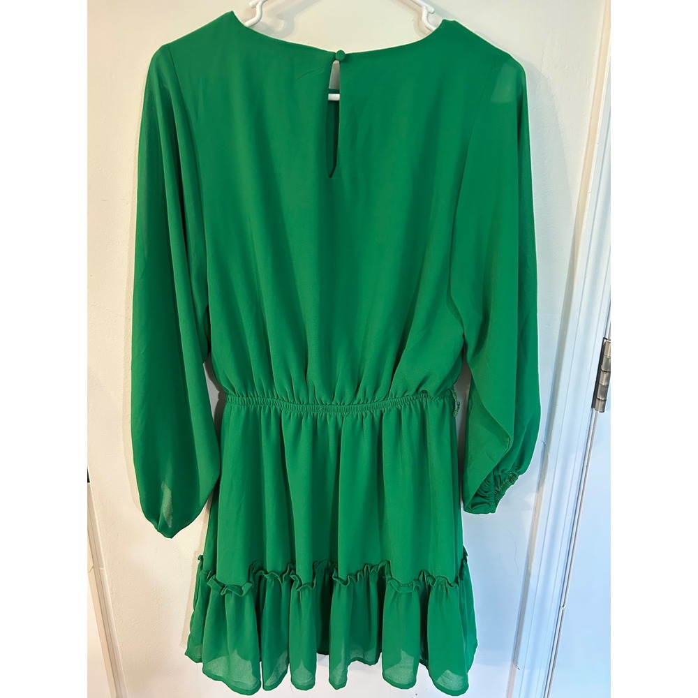 Flying Tomato Green Long Sleeve Ruffle Hem Mini Dress Elastic Waist Womens M - Picture 2 of 7